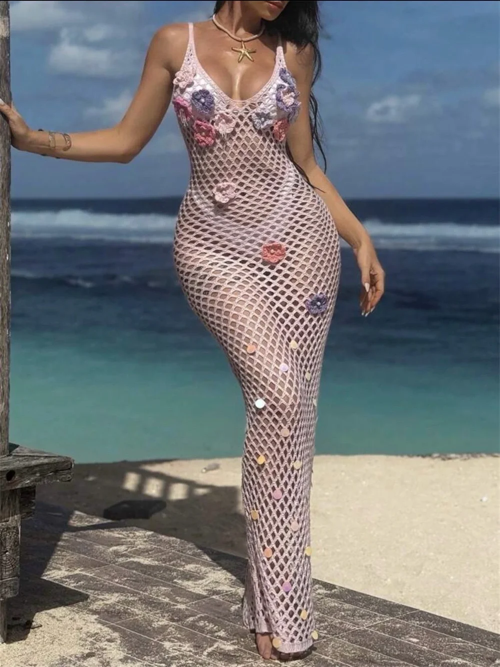 Sheer Crochet Maxi Dress cover up with Floral Appliqués - Blush Pink